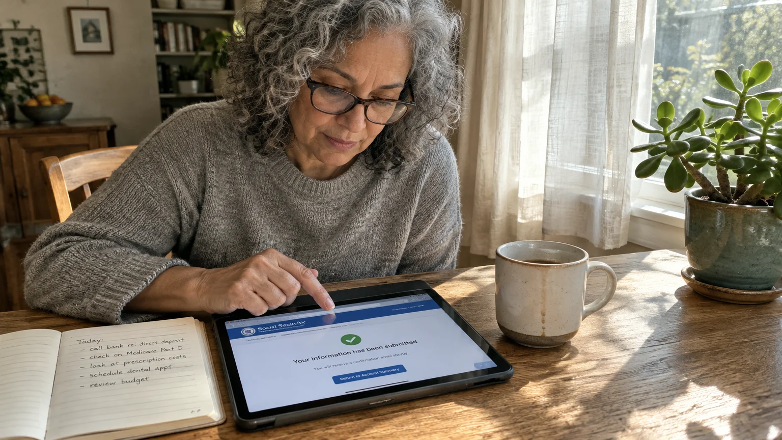 A woman with gray hair uses a tablet showing a Social Security submission confirmation page at a wooden table with coffee.