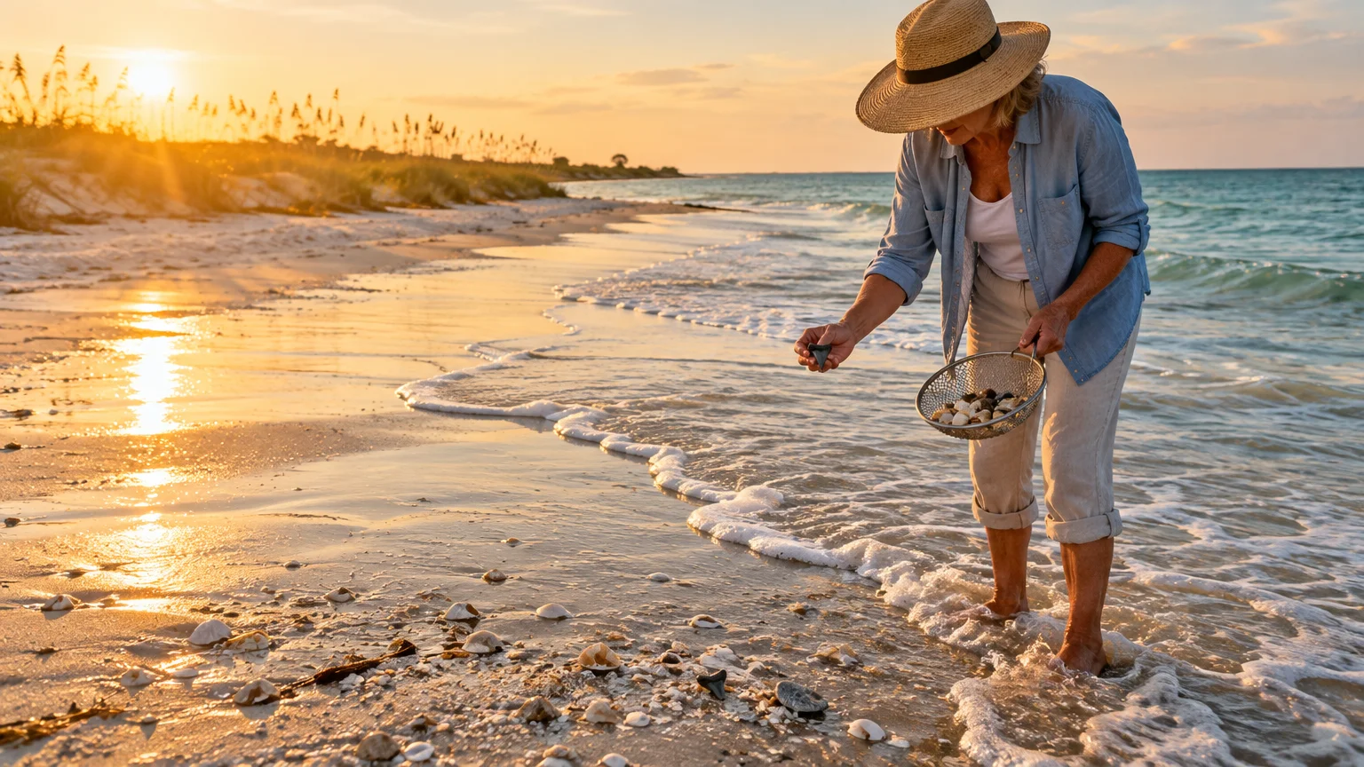 Woman in a sun hat holding a sifter basket searches for shark teeth along a sunny Gulf Coast shoreline at sunset.