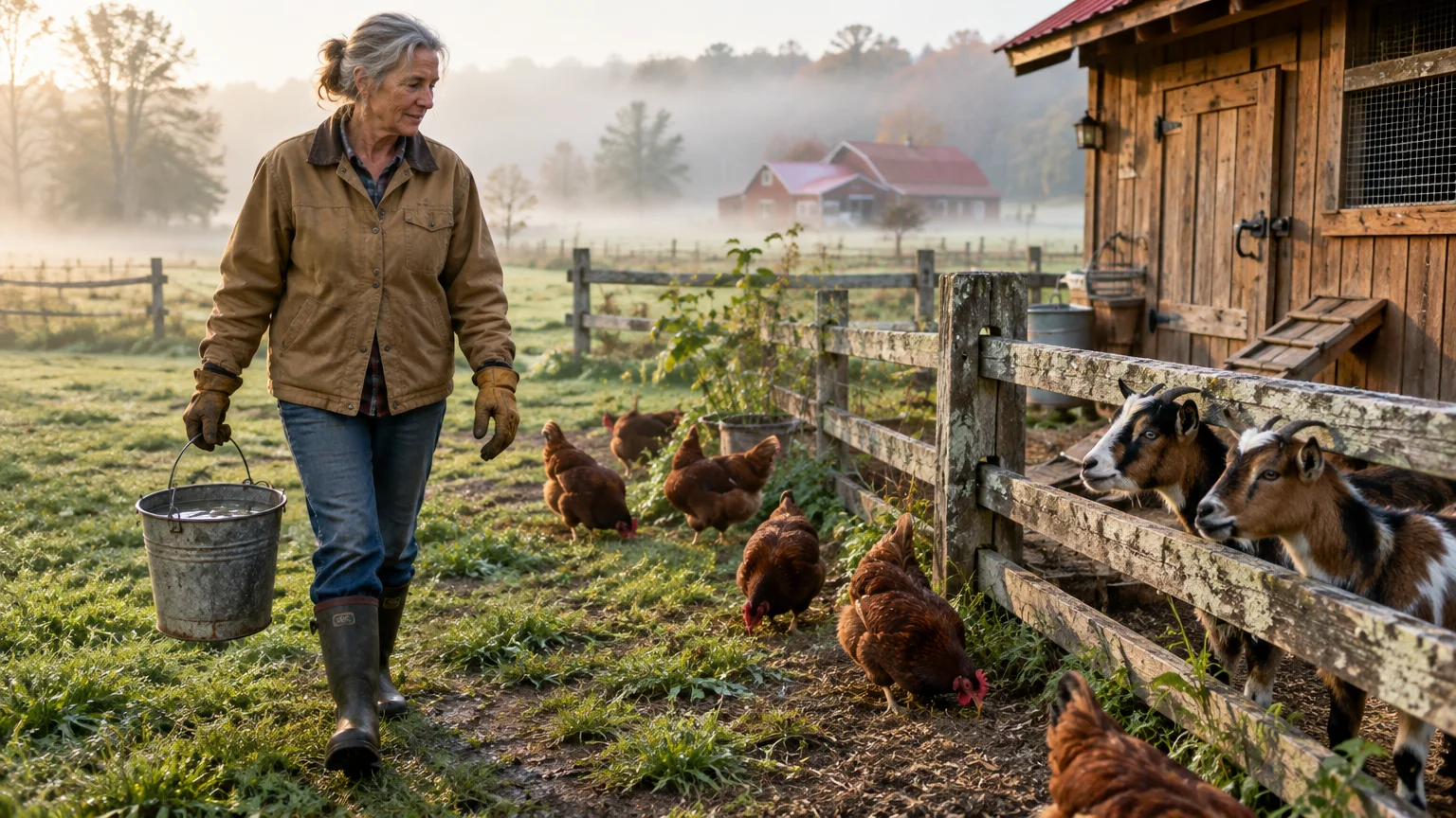 A woman carries a water bucket past free-ranging brown chickens and goats peering over a wooden farm fence.