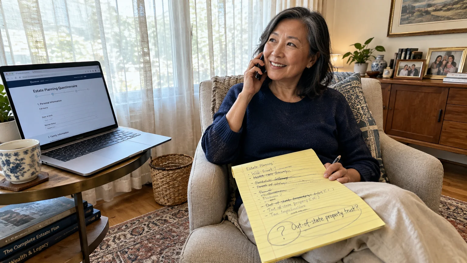 Woman in an armchair talking on a phone, holding a legal pad of notes near a laptop showing an estate planning form.