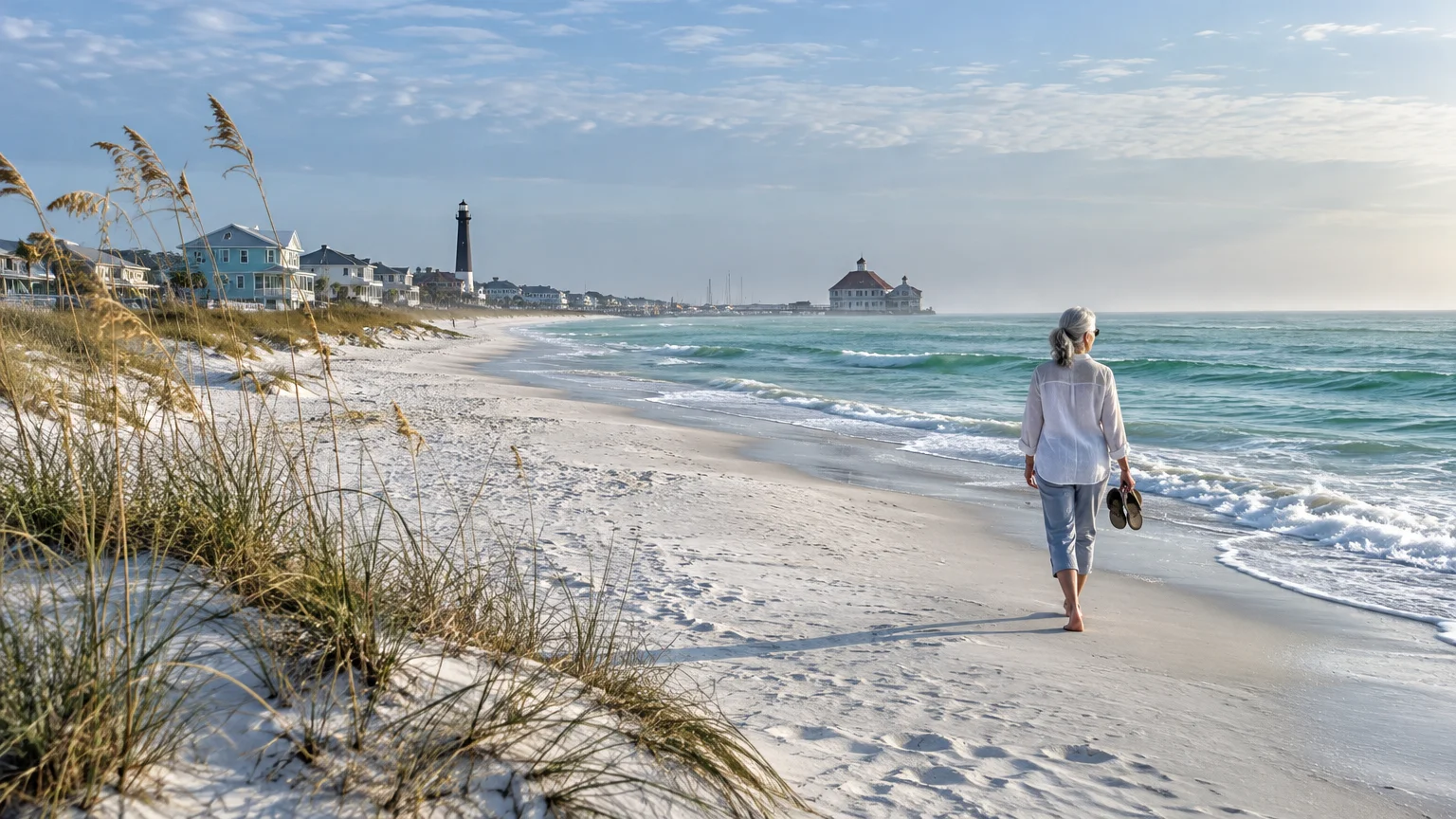 A woman walks barefoot on a white sand beach near coastal homes and a distant lighthouse.