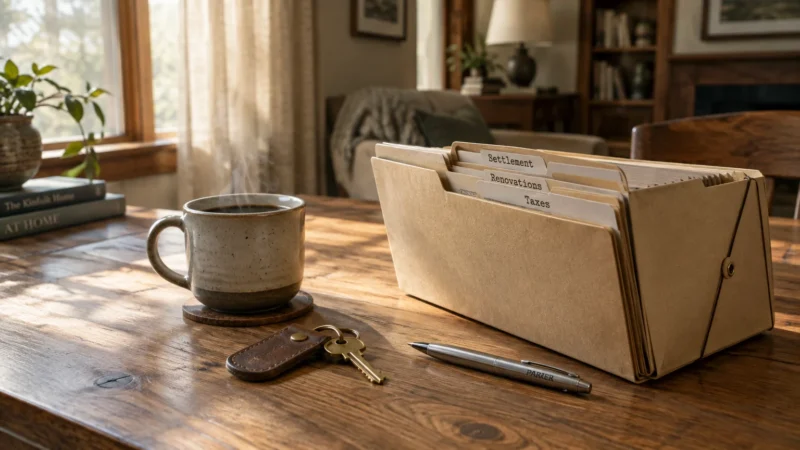 Expanding file folder labeled Settlement, Renovations, and Taxes sits on a wooden desk next to a steaming coffee mug and keys.