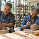 Older adults sculpt clay pottery at workstations in a bright art studio filled with shelves of ceramic bowls.