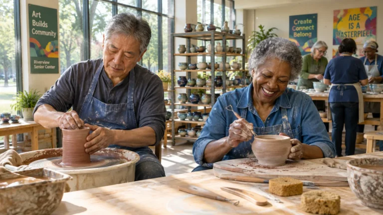Older adults sculpt clay pottery at workstations in a bright art studio filled with shelves of ceramic bowls.