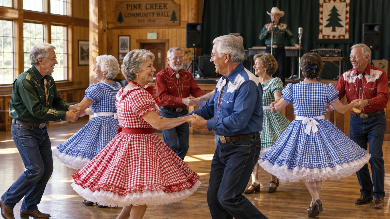 Older couples in western attire square dance in a wooden community hall with a caller on stage.