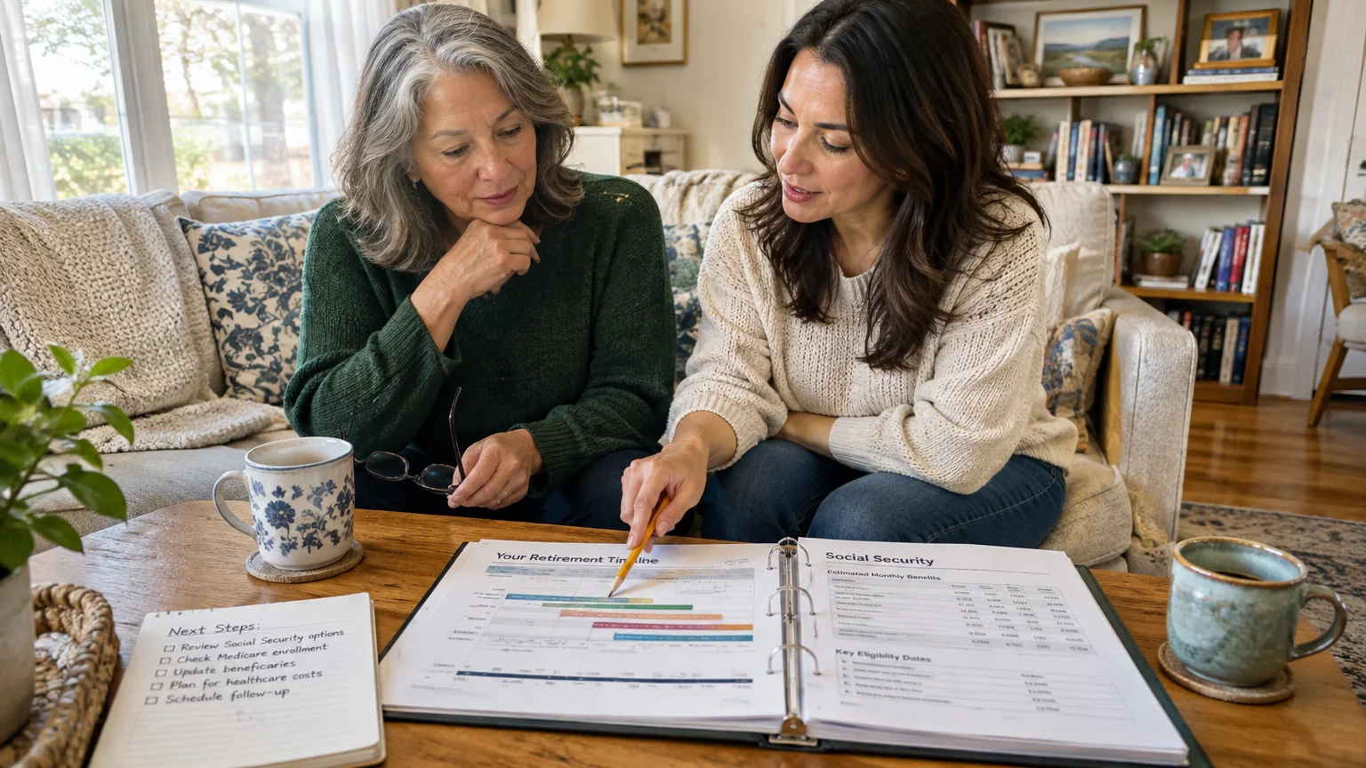 Two women sit on a living room couch reviewing a binder showing a retirement timeline and Social Security documents.