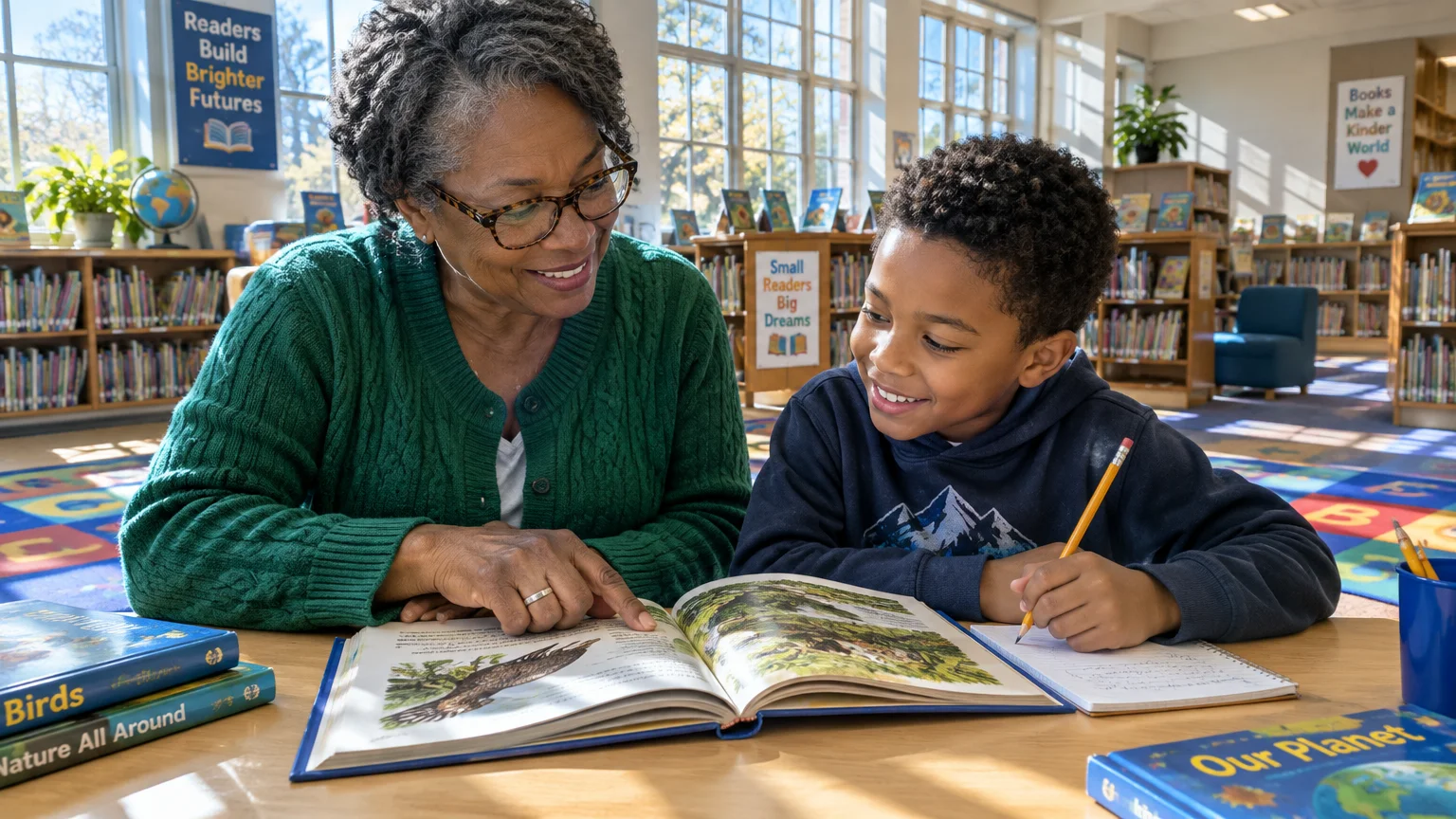 An older woman and a young boy smiling together over an open book at a table in a library.