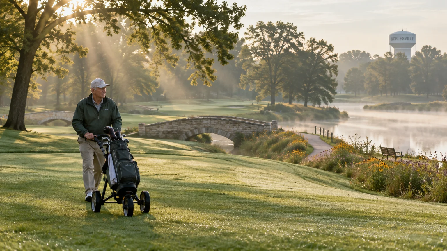 A man pushes a golf cart along a misty green golf course near a stone bridge and water tower at sunrise.