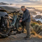 A smiling older couple prepares bicycles mounted on the back of an SUV along a scenic coastal cliff at sunset.