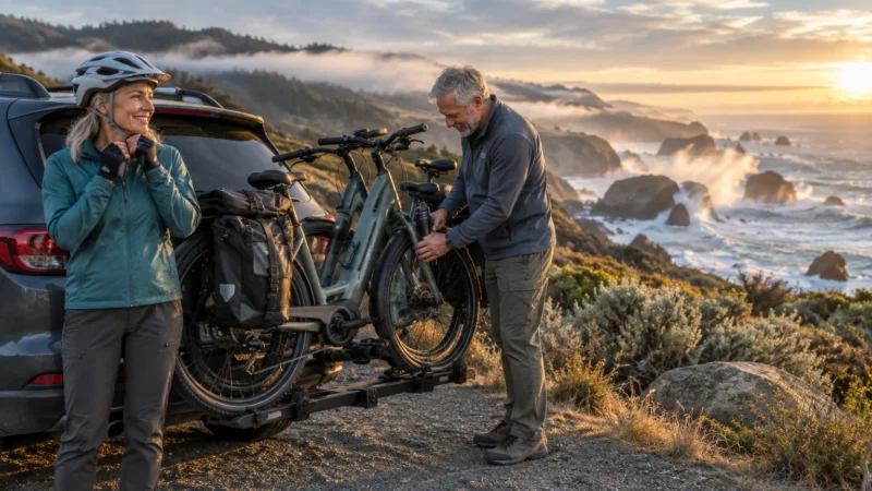 A smiling older couple prepares bicycles mounted on the back of an SUV along a scenic coastal cliff at sunset.