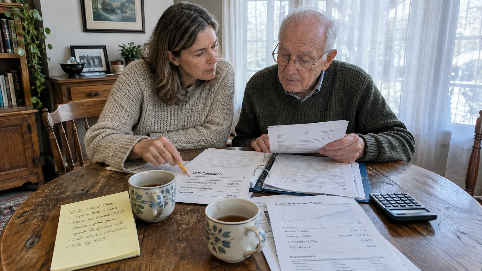 An older man and a woman sit at a wooden table reviewing financial documents, including an RMD calculation and brokerage report.