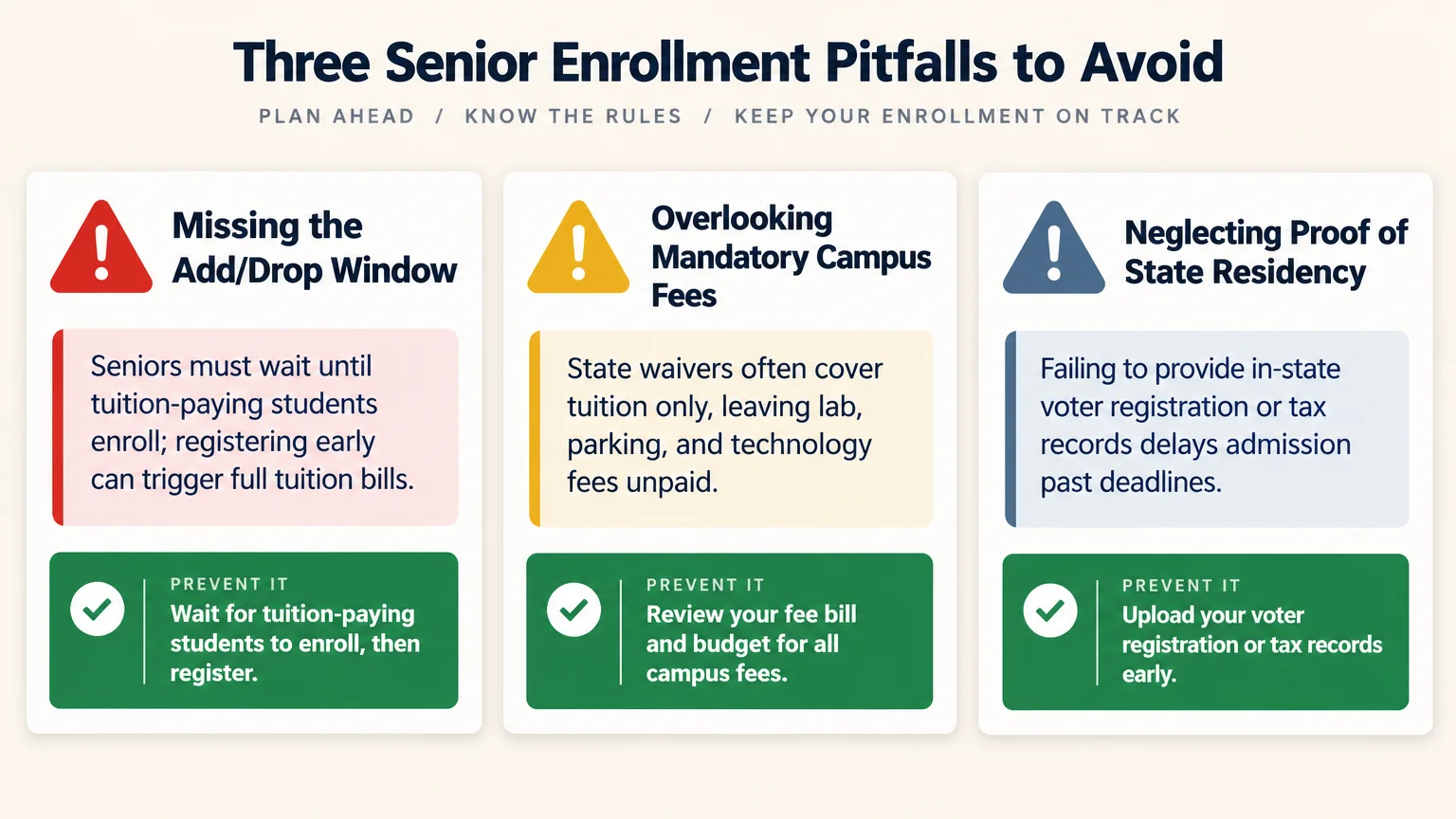 Diagram outlining three senior enrollment pitfalls to avoid regarding add-drop windows, mandatory fees, and residency proof.