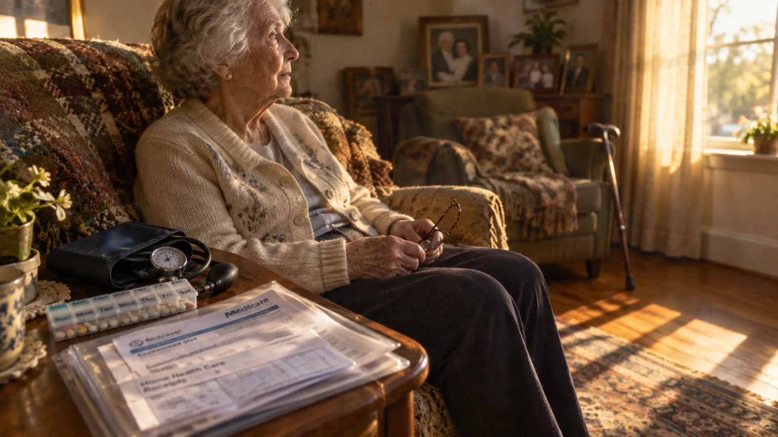 Elderly woman sits on a sofa near a table holding a pill organizer, blood pressure cuff, and Medicare paperwork.