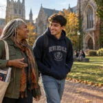 An older woman with dreadlocks and an art history tote bag walks and talks with a young man on a sunny college campus.
