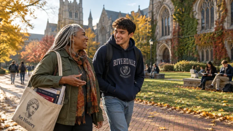 An older woman with dreadlocks and an art history tote bag walks and talks with a young man on a sunny college campus.