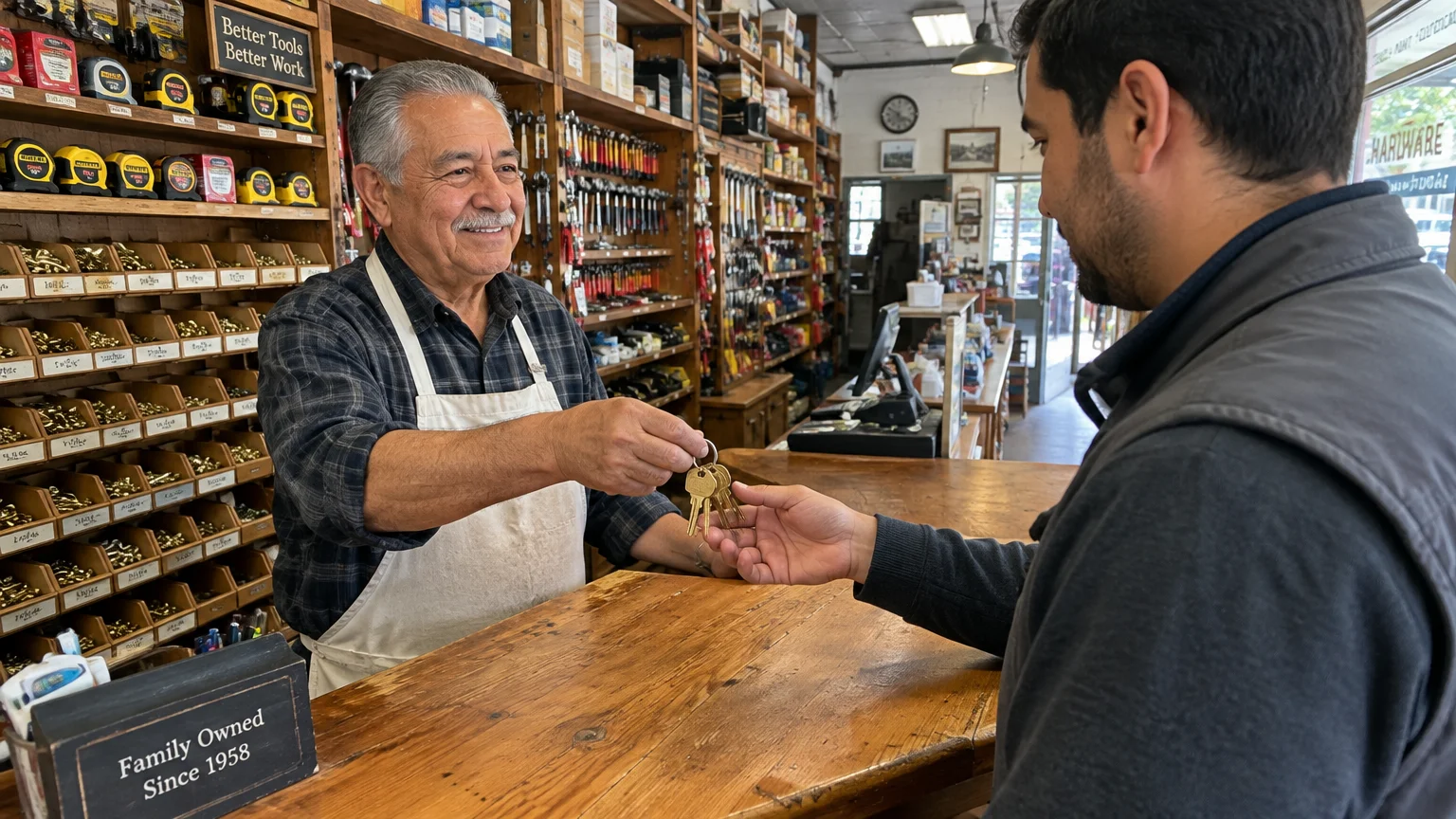 A senior hardware store owner in an apron hands a set of brass keys over a wooden counter to a younger man.