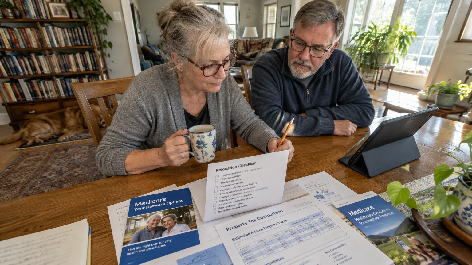 A mature couple sits at a wooden table reviewing a relocation checklist, Medicare brochures, and tax papers.