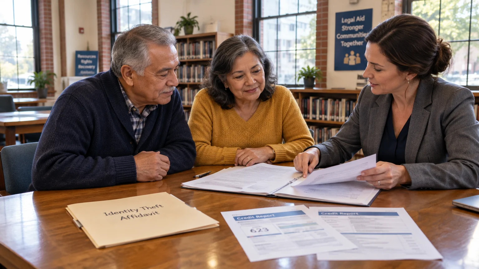 Legal aid counselor reviewing paperwork and credit reports with an older couple seated at a table.
