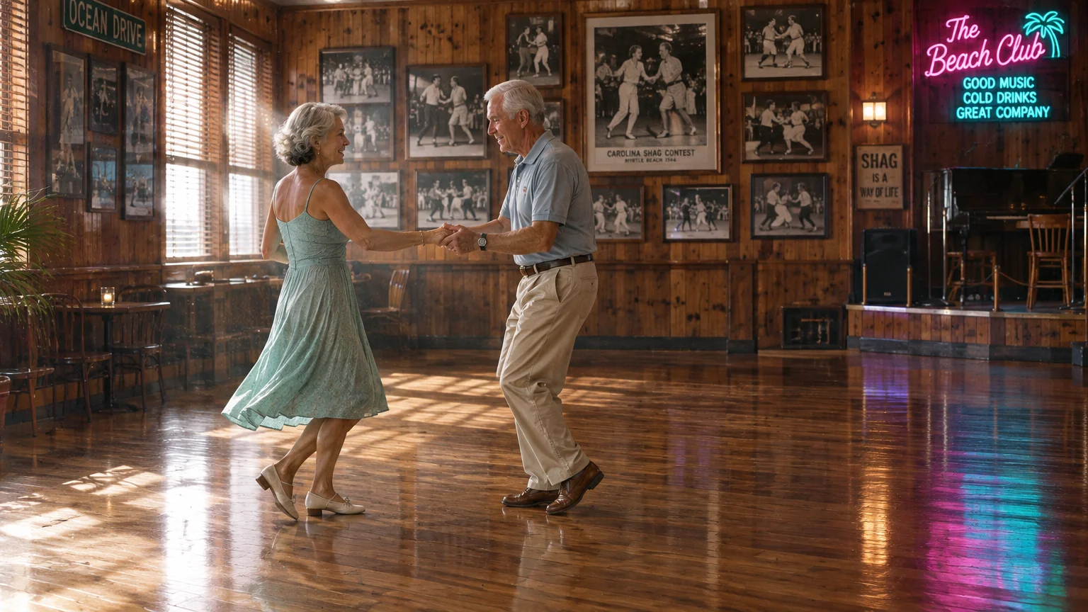 A senior man and woman swing dance together on a polished wooden dance floor in a rustic club decorated with photos.