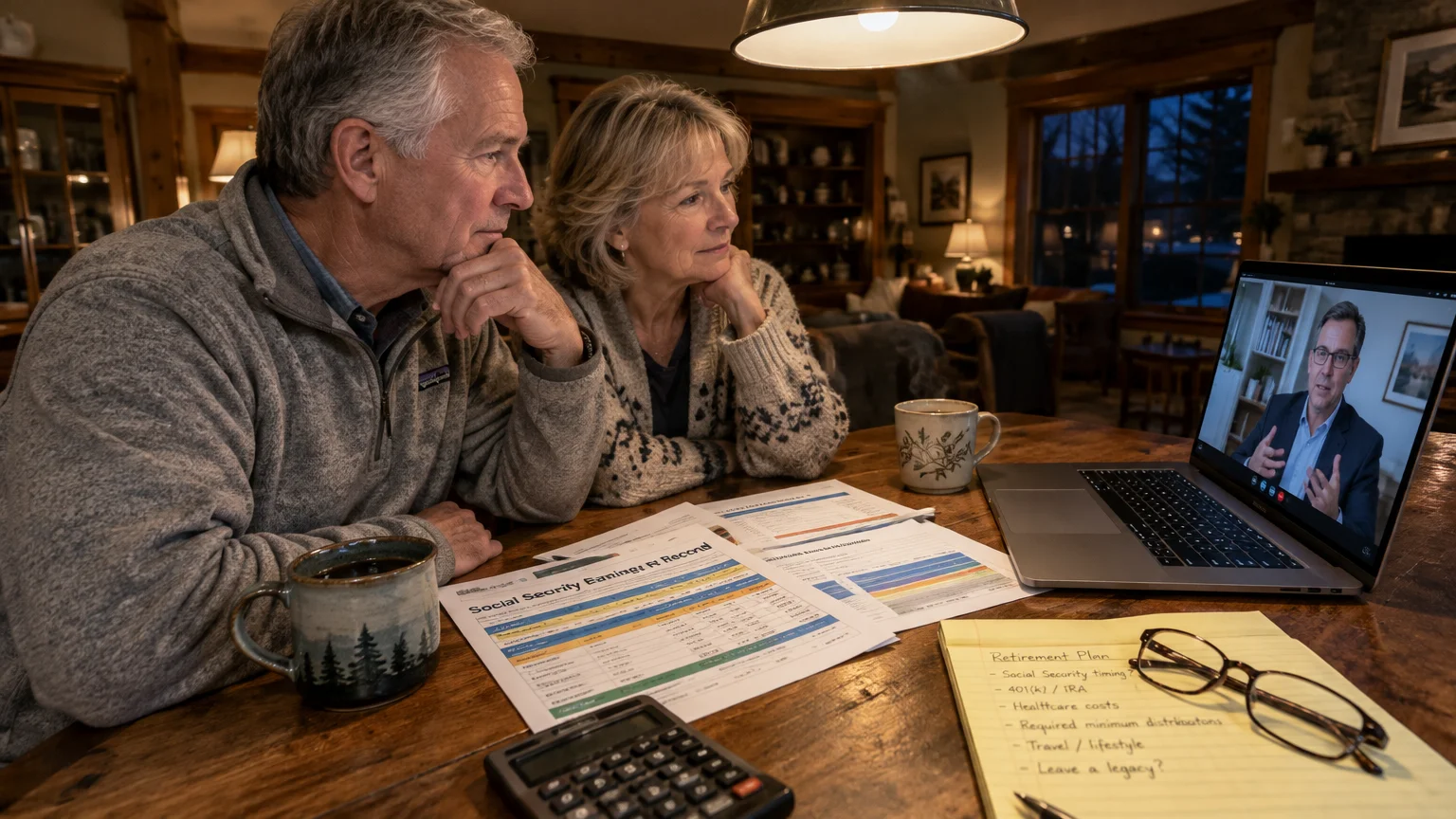 Older couple seated at a wooden table reviewing financial paperwork while video chatting with an advisor on a laptop.