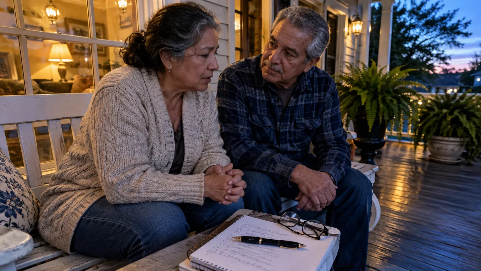 An older couple sitting together on a porch bench, having a serious conversation near a notepad and pen.
