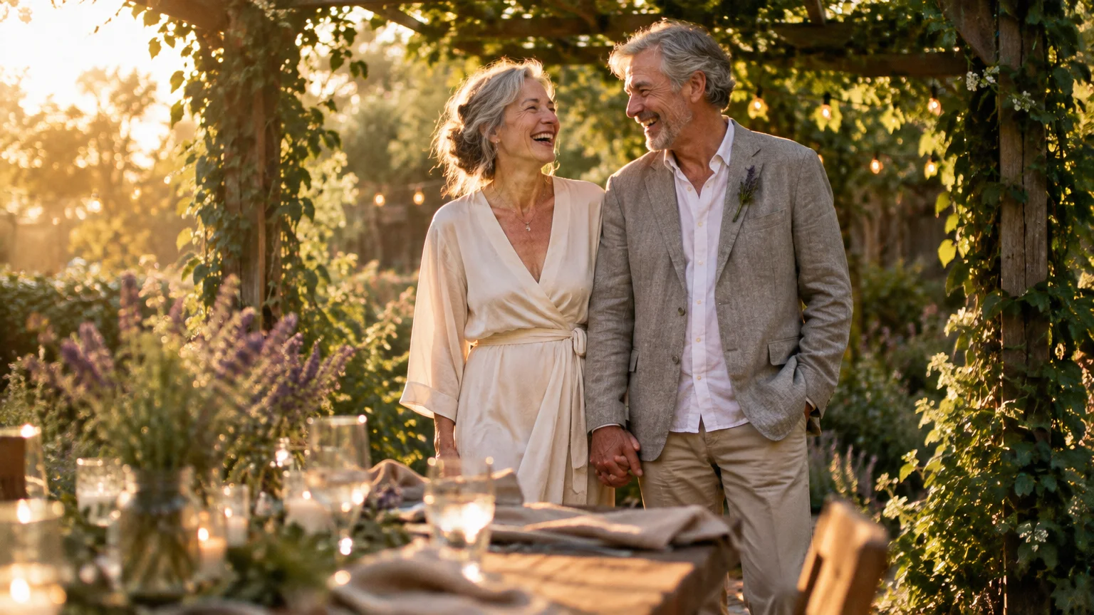 Smiling older couple holding hands outdoors under a wooden pergola beside a dining table at sunset.