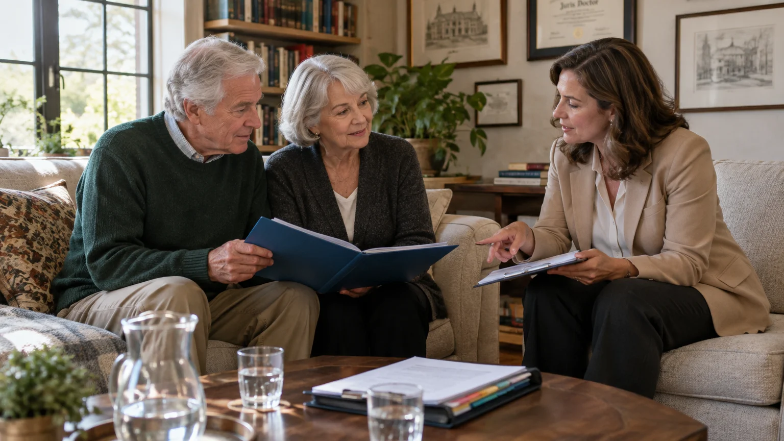 Senior couple reviewing documents with a professional woman holding a clipboard in an office setting.