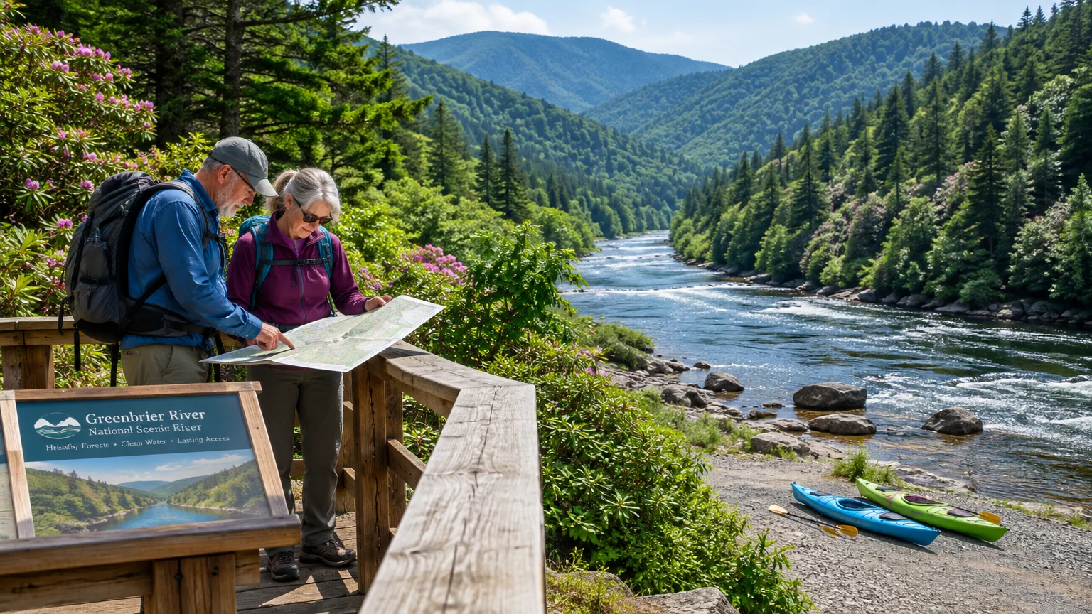 Two hikers on a wooden deck look at a map overlooking a rushing river, forested mountains, and kayaks on the shore.