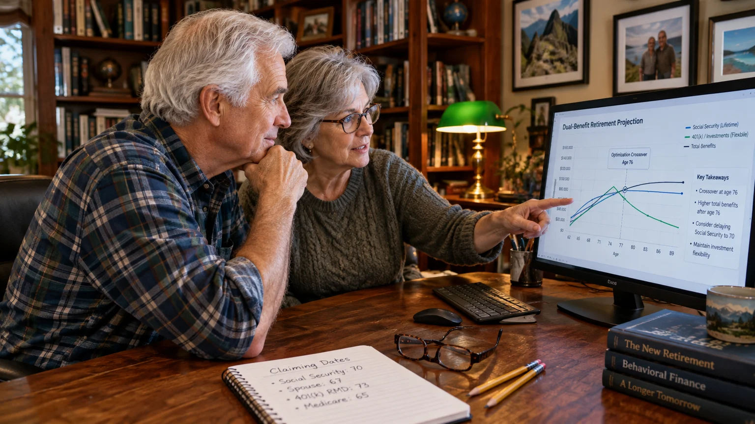 An older couple at a wooden desk reviews a retirement projection chart on a computer monitor while taking notes.
