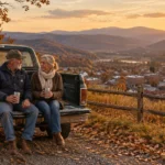 An older couple sits on the tailgate of a pickup truck holding mugs and overlooking a small valley town at sunset.