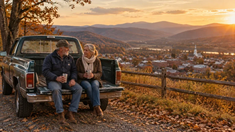An older couple sits on the tailgate of a pickup truck holding mugs and overlooking a small valley town at sunset.