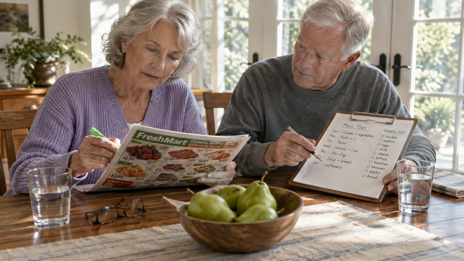 Senior couple sitting at a wooden table reviewing a grocery circular and writing a weekly meal plan.