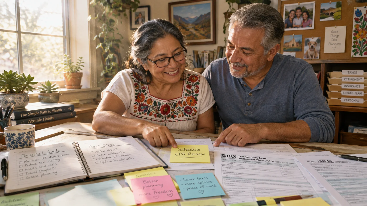 Mature couple reviewing tax forms and financial notes, pointing to a sticky note reading Schedule CPA Review.