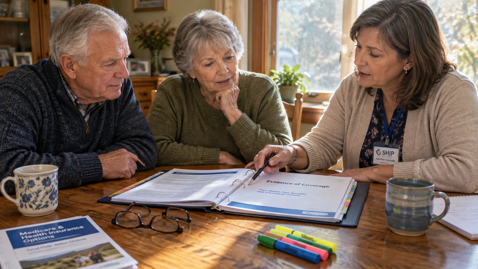 A female SHIP counselor reviews an Evidence of Coverage binder at a table with an older couple.