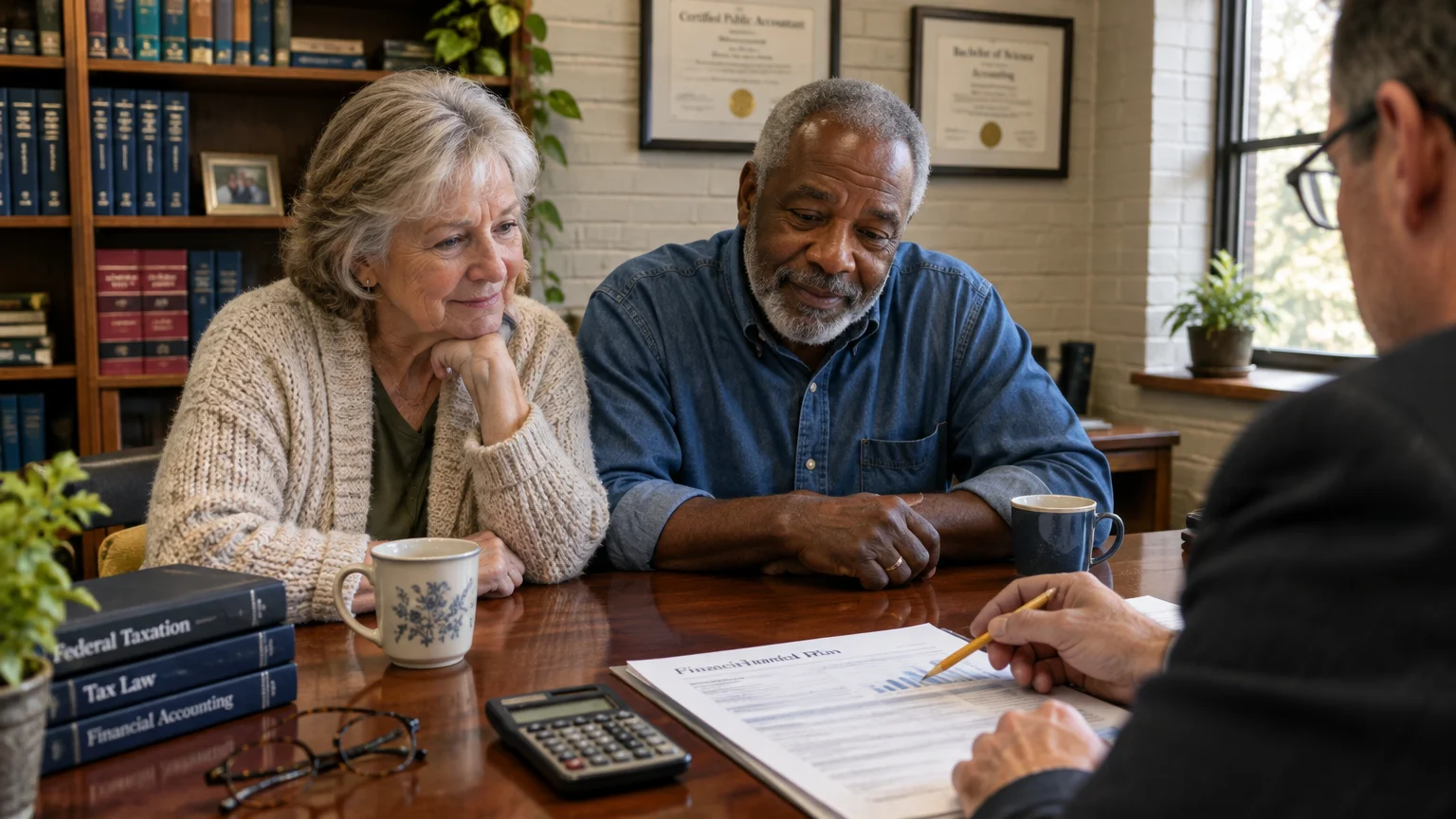 Senior couple across a desk reviewing financial documents with an adviser pointing a pencil at the paperwork.