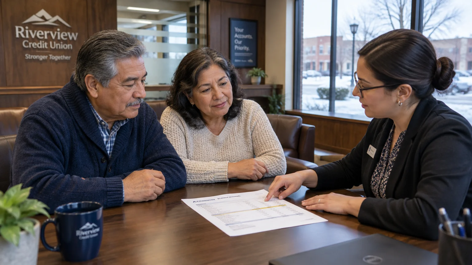 An older couple sitting at a credit union desk reviews a document with a female financial representative.
