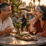 A smiling older man and woman laughing together over wine and food at an outdoor patio table.