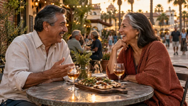 A smiling older man and woman laughing together over wine and food at an outdoor patio table.