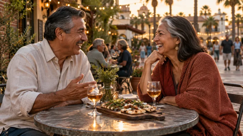 A smiling older man and woman laughing together over wine and food at an outdoor patio table.