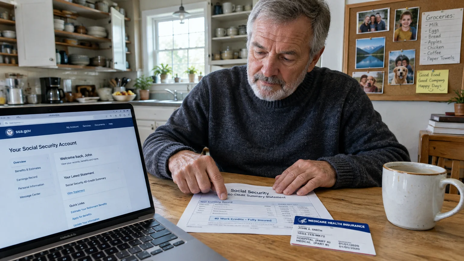 Senior man reviewing a Social Security statement and Medicare card on a table beside an open laptop.