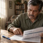 A mature man sitting at a wooden table examines a printed Social Security annual benefit statement.