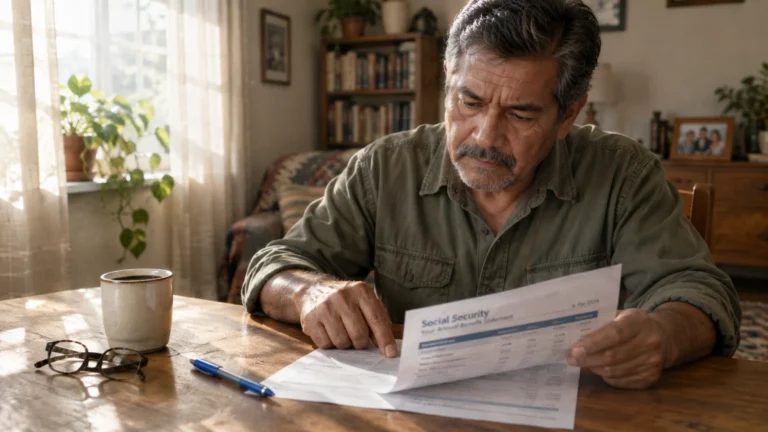 A mature man sitting at a wooden table examines a printed Social Security annual benefit statement.