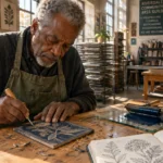 An older man wearing an apron carves a floral design into a linoleum block on a wooden workshop table.