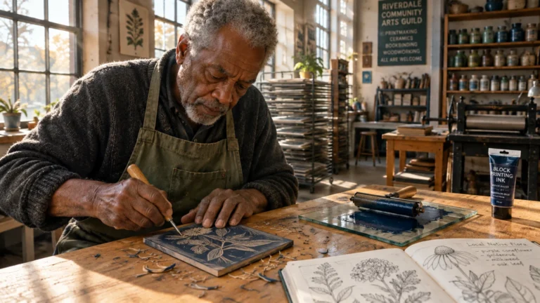 An older man wearing an apron carves a floral design into a linoleum block on a wooden workshop table.
