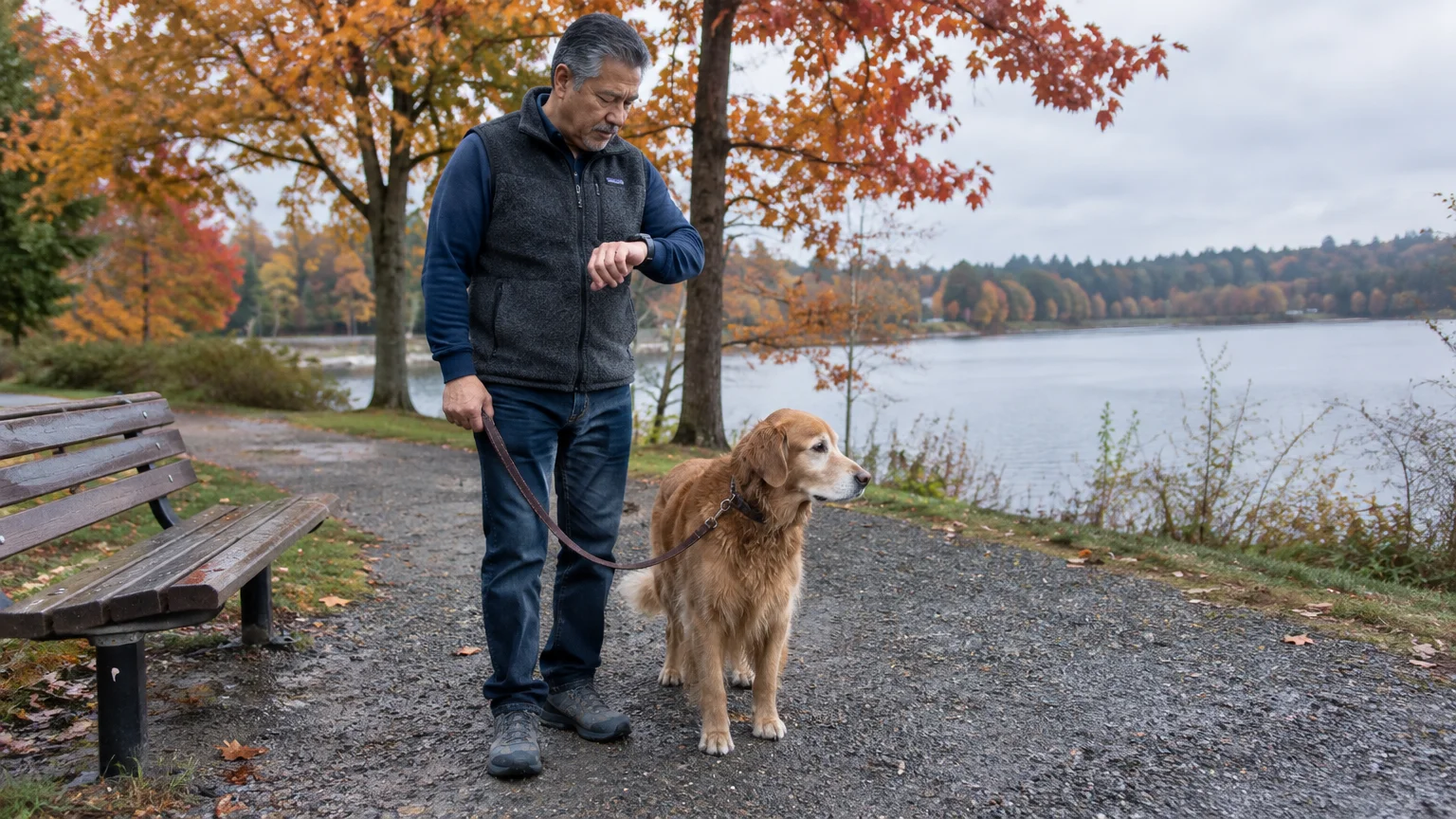 A man checks his watch while walking a golden retriever on a gravel lakeside path near autumn trees.
