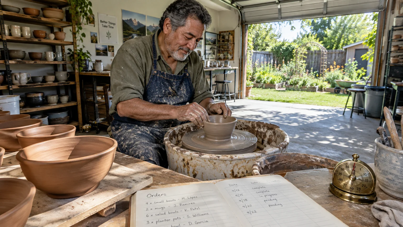 A man shapes clay on a pottery wheel inside a bright garage workshop beside finished ceramic bowls and an order book.