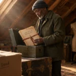 An older man in an attic holding a document bundle titled "Last Will & Testament" retrieved from a metal box.