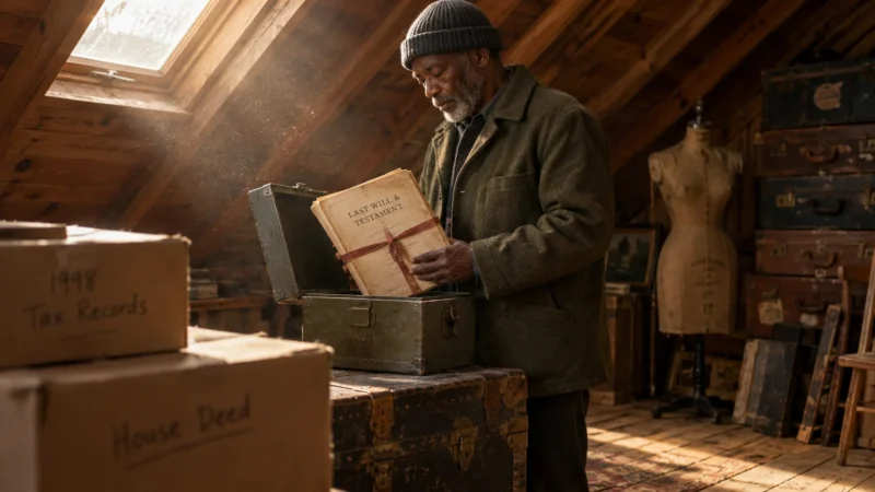 An older man in an attic holding a document bundle titled "Last Will & Testament" retrieved from a metal box.
