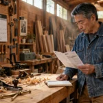 A man reading a document in a woodworking shop next to a workbench and a wall calendar.