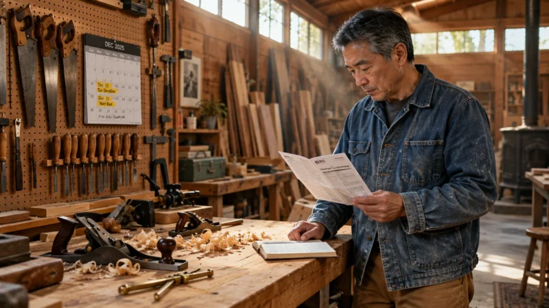 A man reading a document in a woodworking shop next to a workbench and a wall calendar.